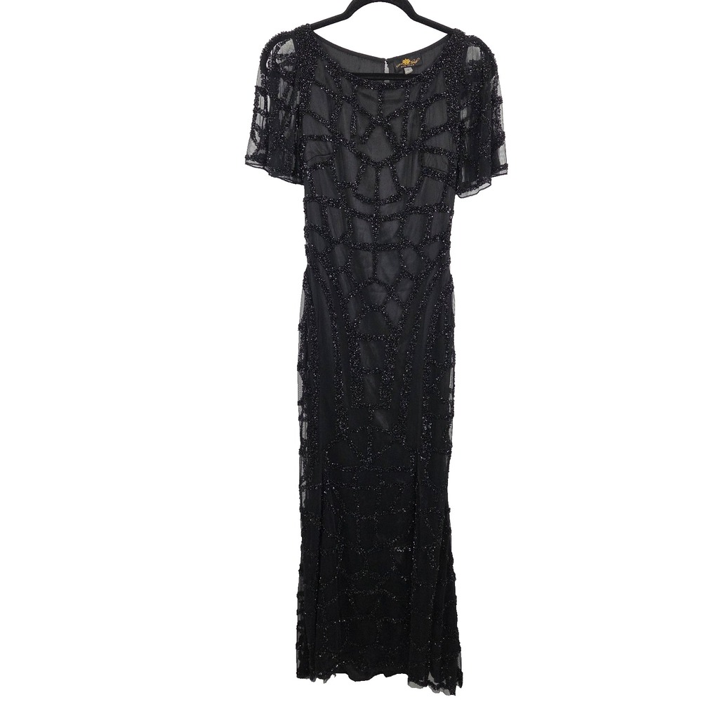 $790 Lotus Threads Women's Black Floral Beaded Gown Dress 6 Witchy Maxi Formal